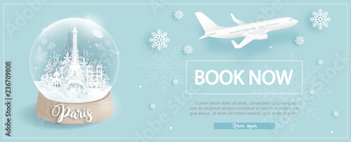 Flight and ticket advertising template with travel to Paris, France in winter season with famous landmarks in paper cut style vector illustration