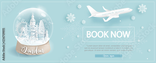 Flight and ticket advertising template with travel to London, England in winter season with famous landmarks in paper cut style vector illustration