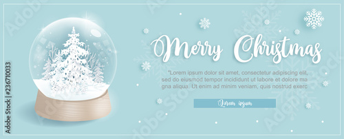 Christmas card template with snow globe and Christmas tree in blue background and snow falling. Vector illustration. 