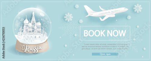 Flight and ticket advertising template with travel to Russia in winter season with famous landmarks in paper cut style vector illustration