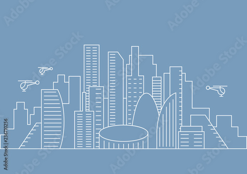 White line city vector illustration on blue background