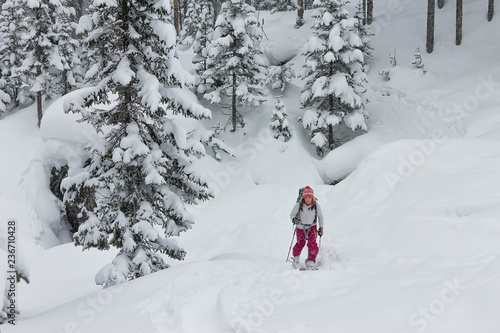 Woman skier freerider skitur uphill in snow in winter forest