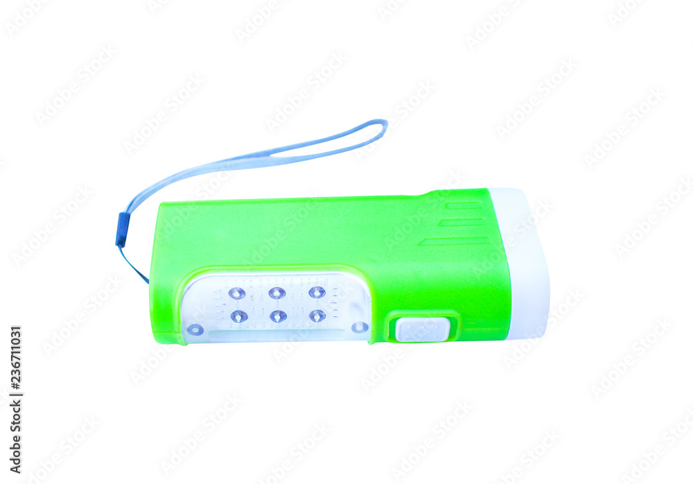 Green plastic flashlight with white edge in horizontal isolated on white background with clipping path Green plastic flashlight with white edge in horizontal isolated on white background with clipping path