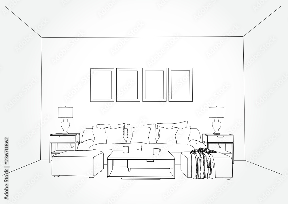 Linear sketch of an interior. Living room plan. Sketch Line sofa set. Vector illustration.outline sketch drawing perspective of a interior space. Linear sketch of an interior. Living room plan. Sketch Line sofa set. Vector illustration.outline sketch drawing perspective of a interior space.