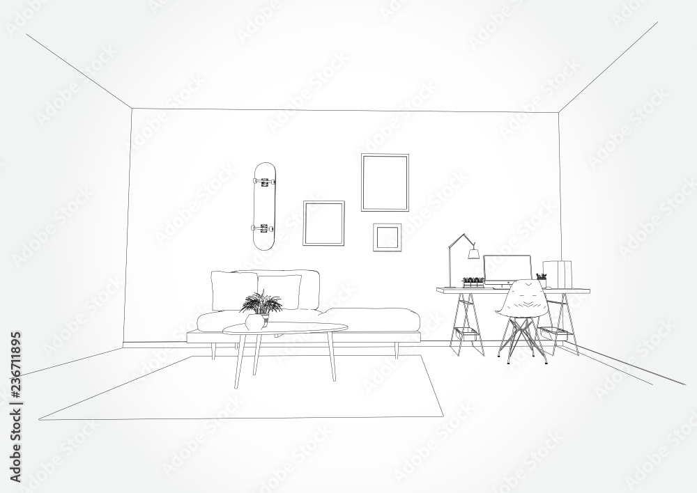Linear sketch of an interior. Living room plan. Sketch Line sofa set. Vector illustration.outline sketch drawing perspective of a interior space. Linear sketch of an interior. Living room plan. Sketch Line sofa set. Vector illustration.outline sketch drawing perspective of a interior space.