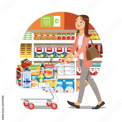 Woman Shopping in Grocery Shop Cartoon Vector Icon