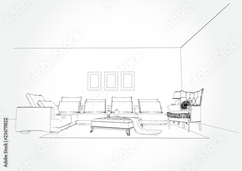 Linear sketch of an interior. Living room plan. Sketch Line sofa set. Vector illustration.outline sketch drawing perspective of a interior space.