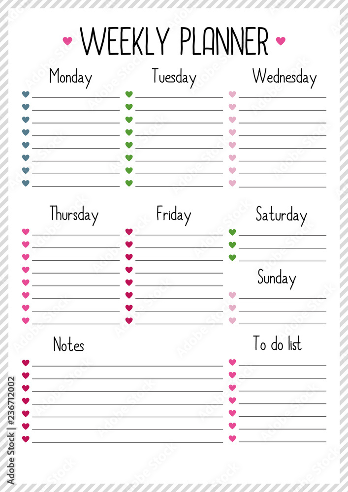 Weekly planner for for diary, notebook. Printable A4 planner vector illustration Weekly planner for for diary, notebook. Printable A4 planner vector illustration