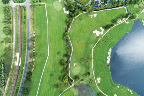 aerial view drone shot of beautiful golf field.