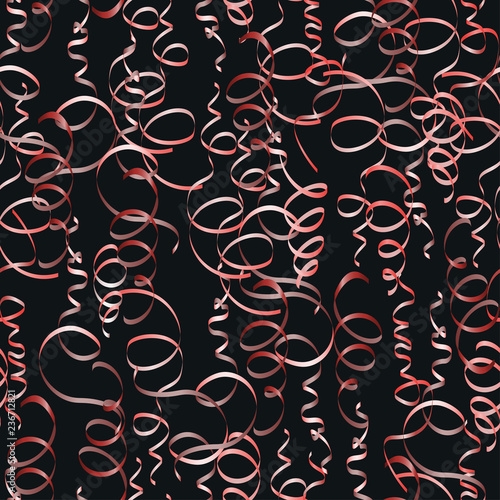 Red serpentine on black. Luxurious tinsel elements. Holiday backdrop. Vector illustration.