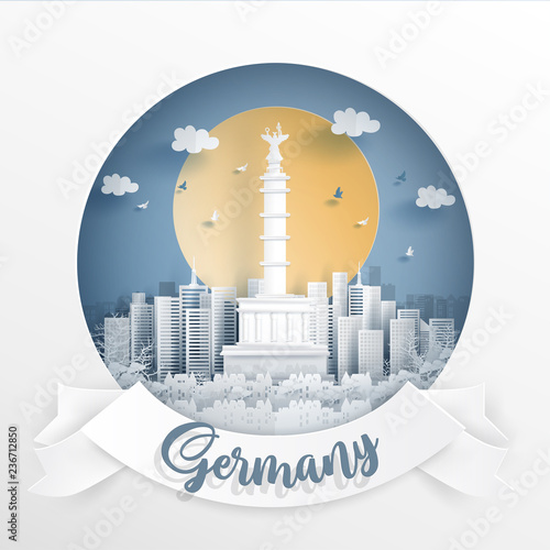 Victory Column, world famous landmark of Germany with white frame and label. Travel postcard and poster, brochure, advertising Vector illustration.