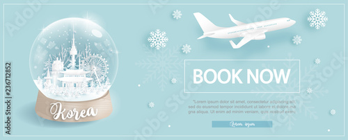 Flight and ticket advertising template with travel to South Korea in Winter season with famous landmarks in paper cut style vector illustration