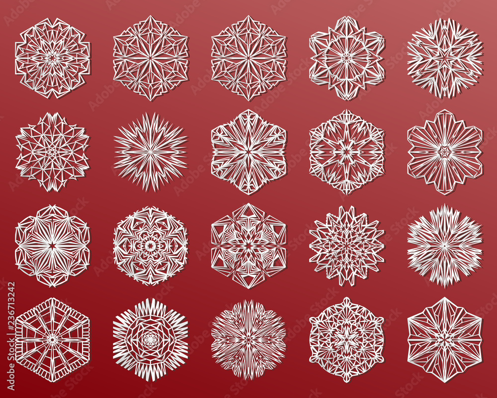 Set of snowflakes. Cute snowflakes collection isolated on red background. New year ornament. Vector illustration of paper cut snow icons, snow flakes silhouette. Useful elements for christmas greeting Set of snowflakes. Cute snowflakes collection isolated on red background. New year ornament. Vector illustration of paper cut snow icons, snow flakes silhouette. Useful elements for christmas greeting