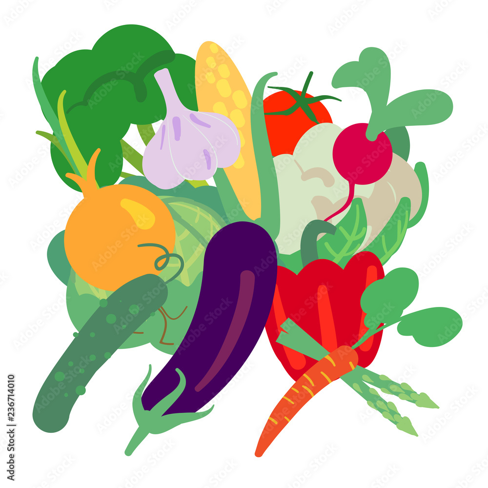 Vector illustration with hand drawn vegetables. Farm market products.  Broccoli, cauliflower, cucumber, tomato, corn, eggplant, pepper, radishe,  garlic. Simple vegetarian food drawing. Stock Vector | Adobe Stock