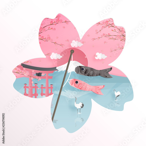 Japanese landmark with Tori gate and Fuji  in Sakura flower frame in season concept for travel postcard, poster, tour advertising of world famous landmarks in paper cut style.