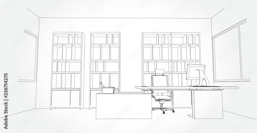 interior outline sketch drawing perspective of a space office.Workplaces . Tables, chairs and windows. Vector illustration in a sketch style. interior outline sketch drawing perspective of a space office.Workplaces . Tables, chairs and windows. Vector illustration in a sketch style.