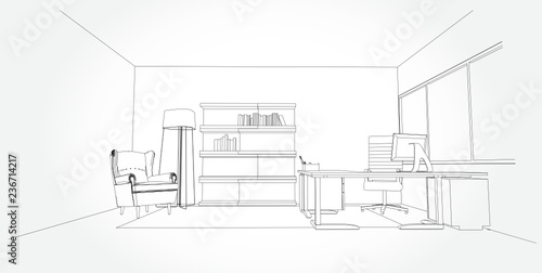 interior outline sketch drawing perspective of a space office.Workplaces . Tables, chairs and windows. Vector illustration in a sketch style.