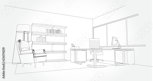 interior outline sketch drawing perspective of a space office.Workplaces . Tables, chairs and windows. Vector illustration in a sketch style.