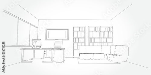 interior outline sketch drawing perspective of a space office.Workplaces . Tables, chairs and windows. Vector illustration in a sketch style.