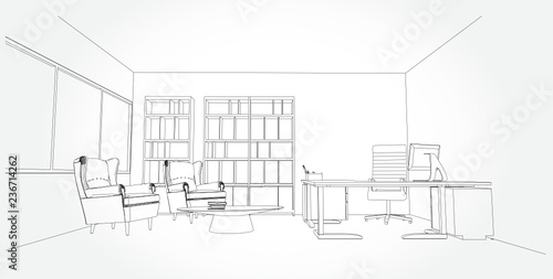 interior outline sketch drawing perspective of a space office.Workplaces . Tables  chairs and windows. Vector illustration in a sketch style.
