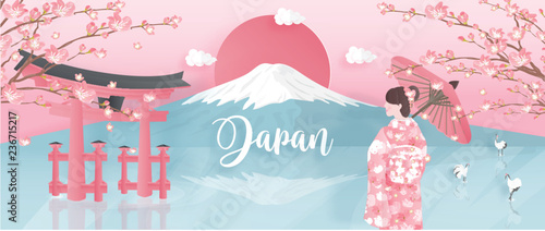 Panorama of travel postcard  poster  tour advertising of world famous landmarks of Japan with Fuji mountain and woman in kimono dress in paper cut style. Vector illustration.