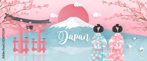 Panorama of travel postcard, poster, tour advertising of world famous landmarks of Japan with Fuji mountain and women in Kimono dress in paper cut style. Vector illustration.