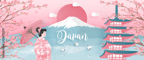 Panorama of travel postcard, poster, tour advertising of world famous landmarks of Japan with Fuji mountain and Pagoda in paper cut style. Vector illustration.