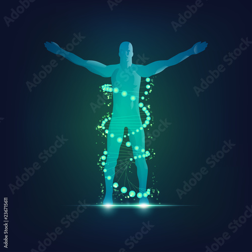 concept of technology advancement, dna symbol combined with human body
