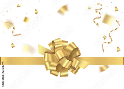 Decorative gold bow with horizontal ribbon and gold sepentine, confetti isolated on white. Holiday background. Vector illustration