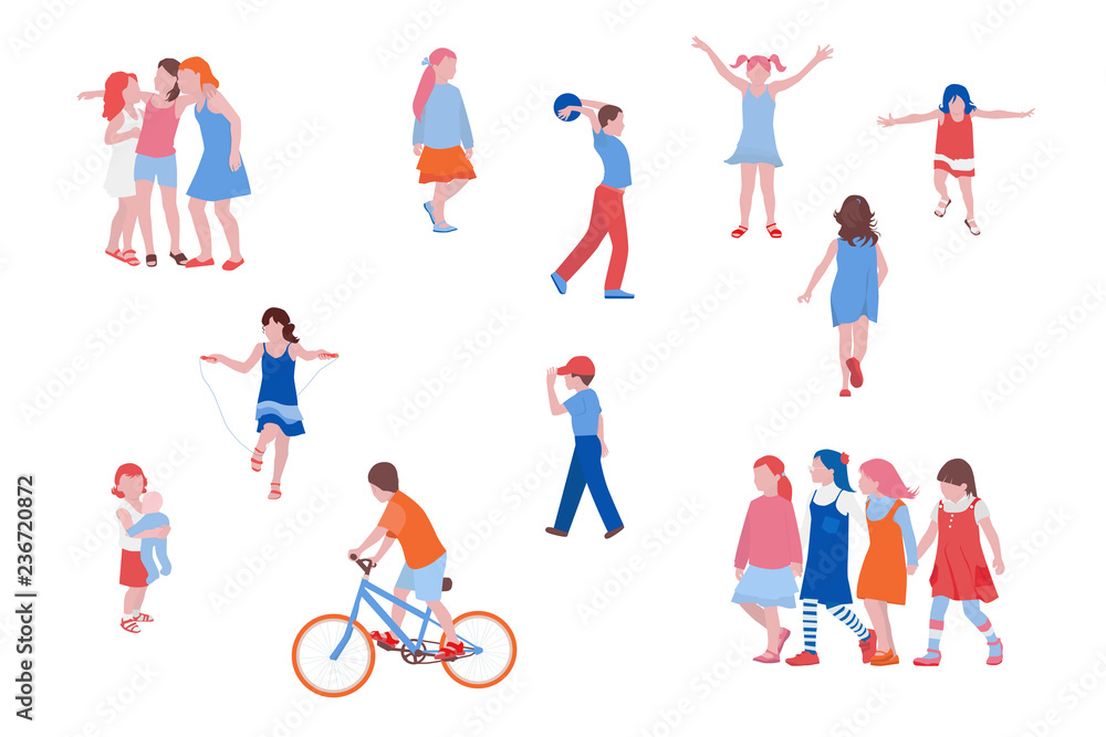 Children play, chat, walk, run, vector illustration in flat style. Set of illustrations of kids activity.