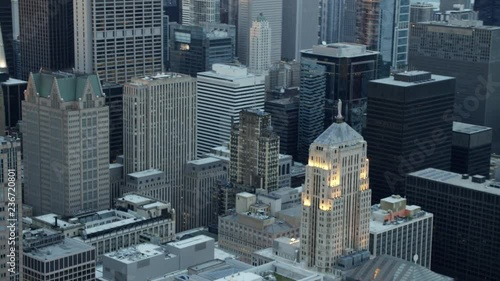 Aerial sunset view of downtown city skyscrapers Chicago Illinois US