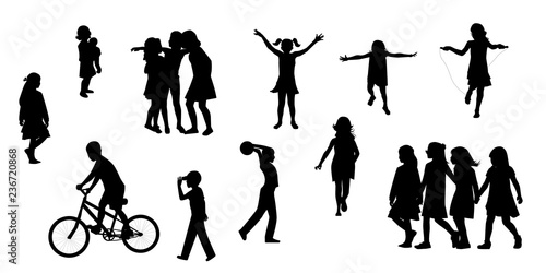 Editable silhouettes of children in various poses. Children play, chat, walk, run, vector illustration in flat style.