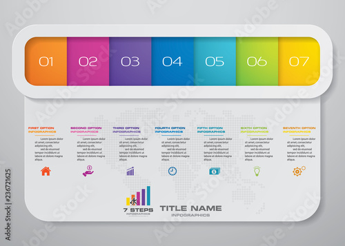 7 steps timeline infographic element. 7 steps infographic, vector banner can be used for workflow layout, diagram,presentation, education or any number option. EPS10.