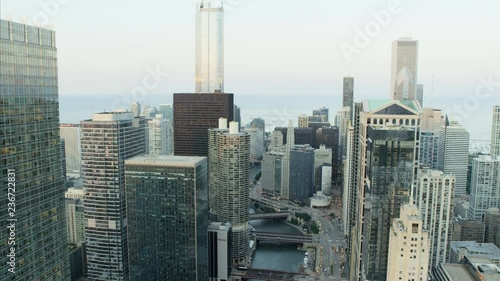 Aerial sunset view of Trump Tower Chicago River Illinois Metropolitan skyline Skyscraper buildings in Downtown Business and Financial District USA 