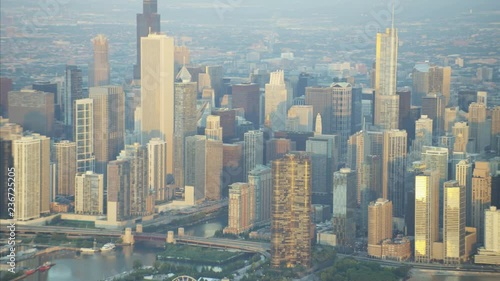 Aerial sunrise view of Lake Michigan Waterfront Trump Tower Lakeshore Drive Chicago River city skyline Skyscraper buildings USA 
