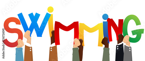 Diverse hands holding letters of the alphabet created the word Swimming. Vector illustration.