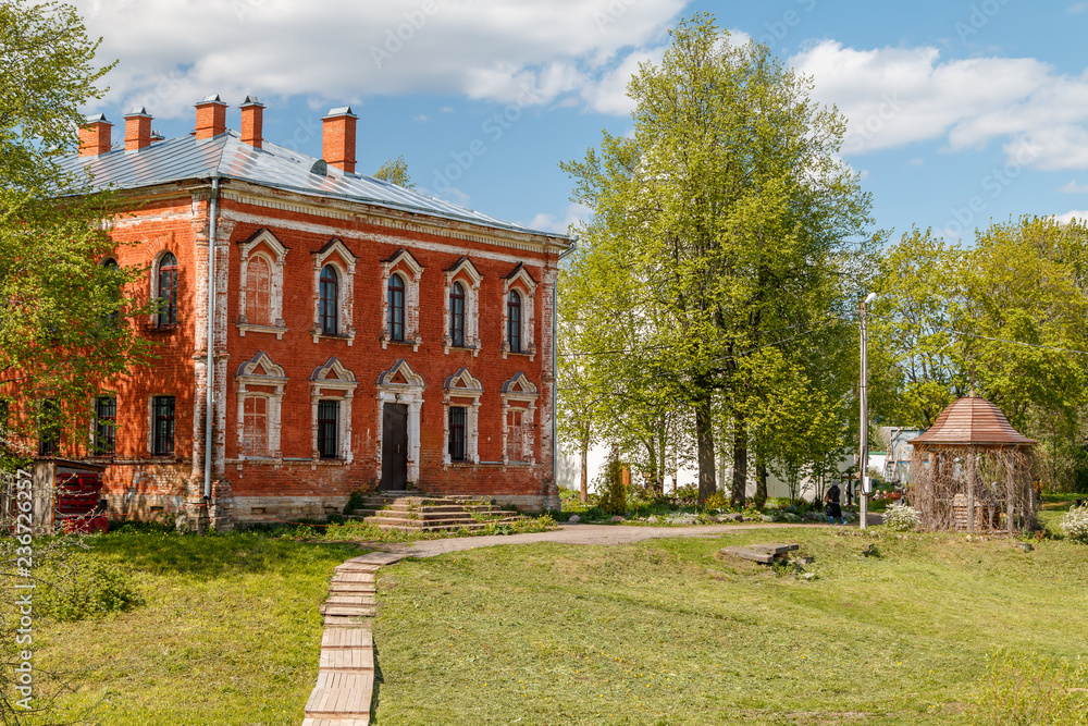 Old brick building facade in Staraya Ladoga, Russia