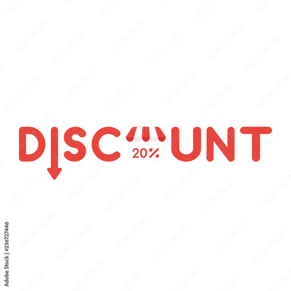 Vector icon concept of discount word with arrow moving down and percent 20 under shop store roof Vector icon concept of discount word with arrow moving down and percent 20 under shop store roof