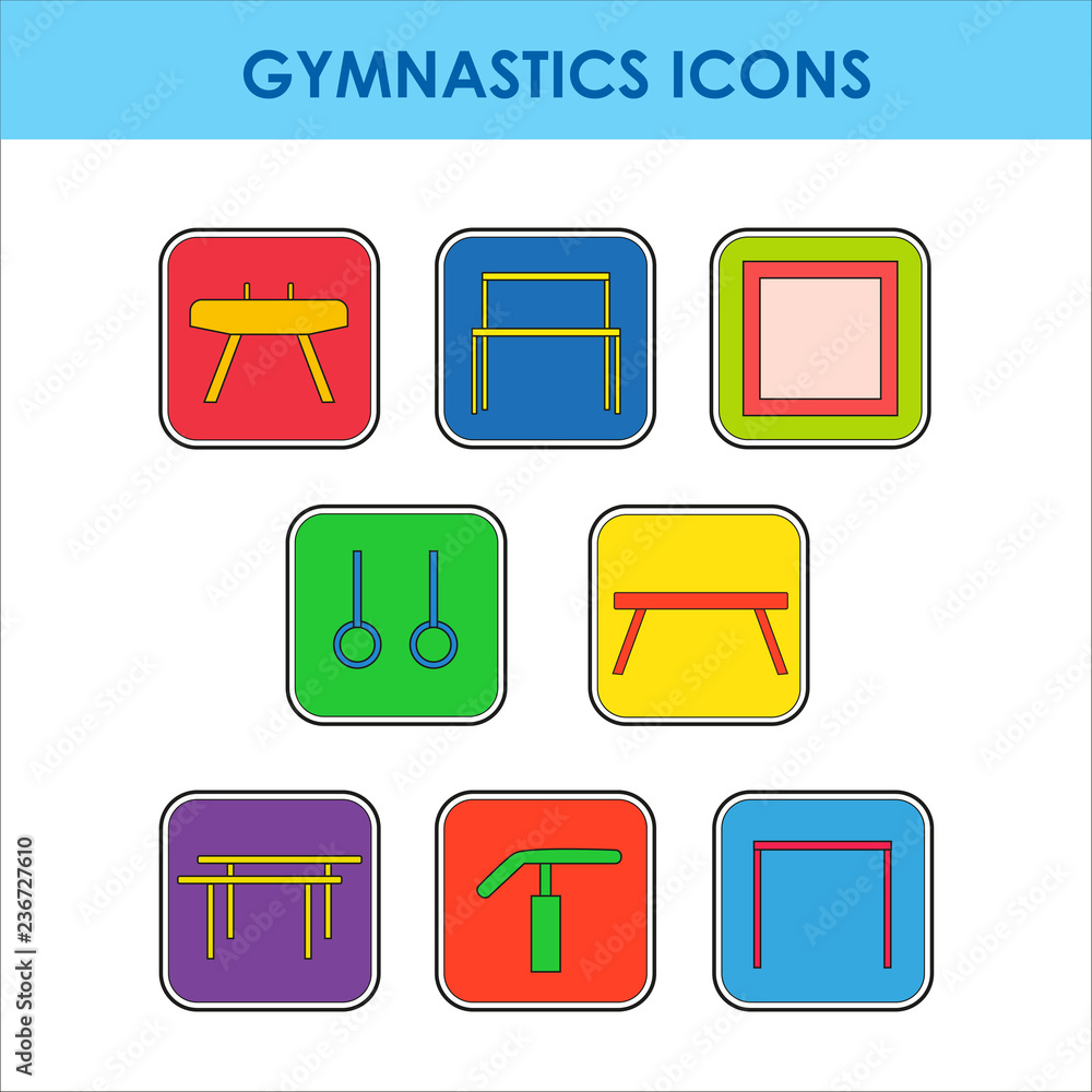 Colorful icon set with artistic gymnastics equipment Colorful icon set with artistic gymnastics equipment