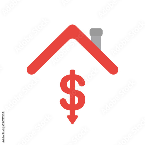 Vector icon concept of dollar symbol arrow moving down under house roof