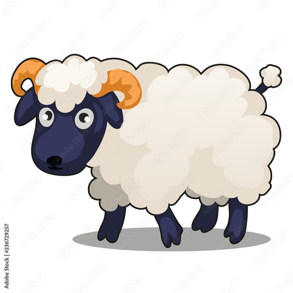 Obraz premium Little cute farm zwierząt owiec stoi na białym tle. Szczegół ilustracja kreskówka wektor.
