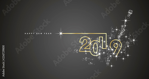 New Year 2019 line design firework champagne gold white black vector greeting card