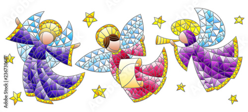 A set of stained glass angels and stars, coloured figures on a white background