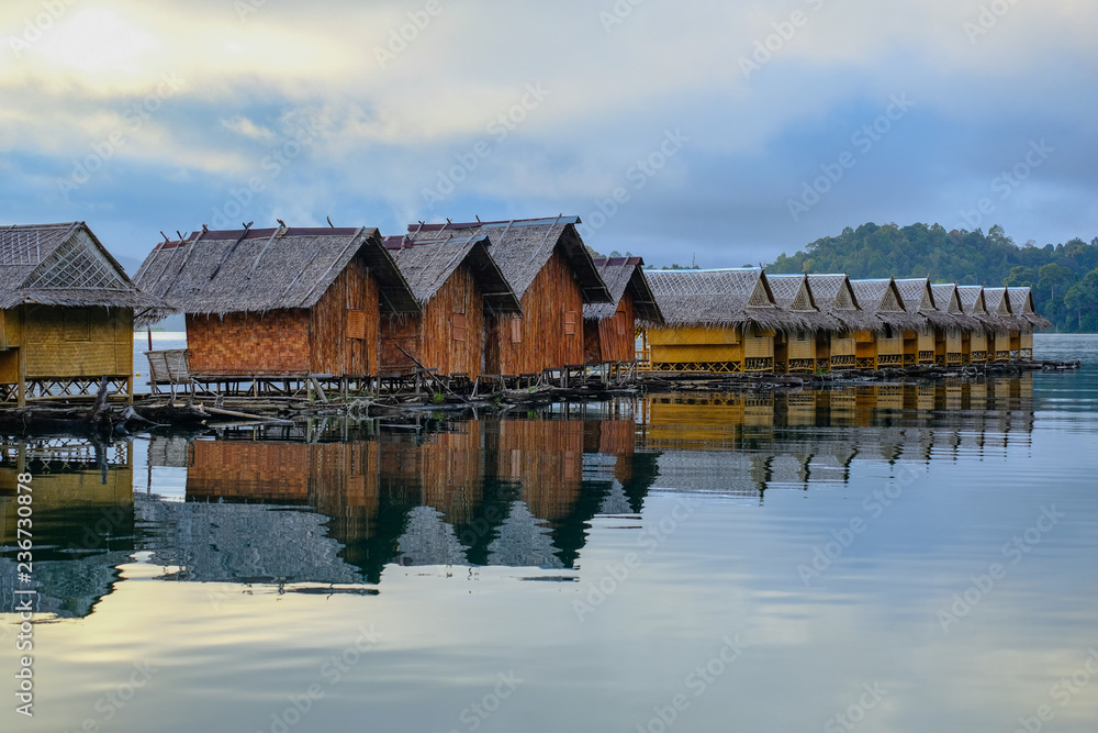 Bunglow houseboats in Suratthai, Thailand in the morning.