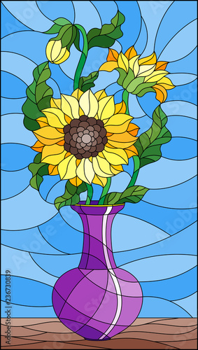 Fototapeta Naklejka Na Ścianę i Meble -  Illustration in stained glass style with floral still life, a bouquet of sunflowers in a purple vase on a blue background