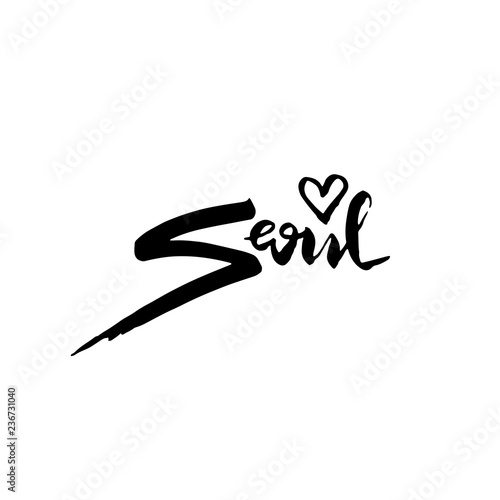 Seoul, Korea. Typography dry brush lettering design. Hand drawn calligraphy poster. Vector illustration.