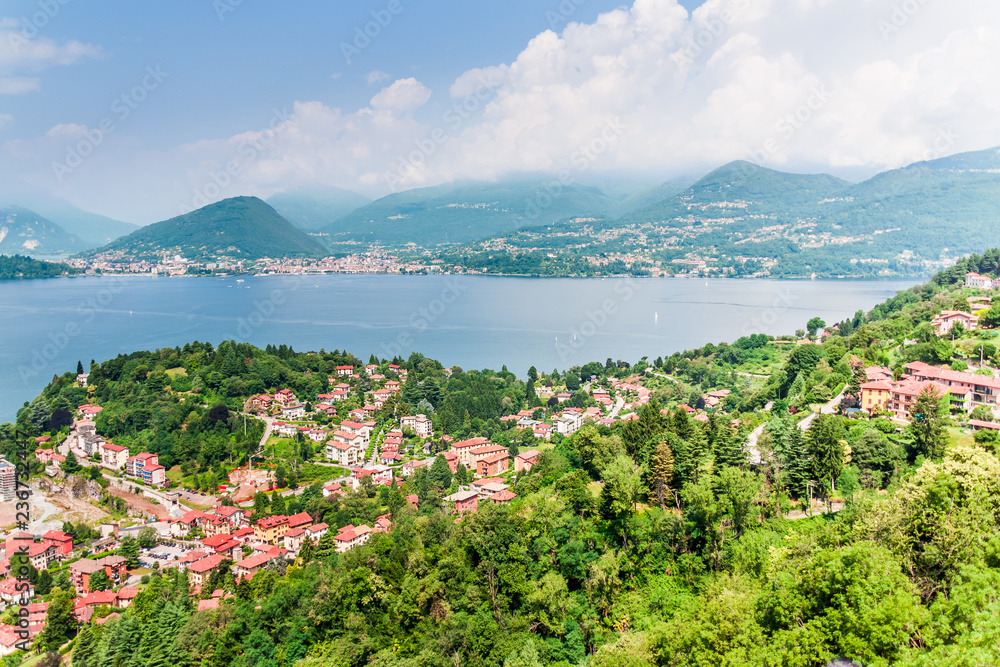 Aerial view of Laveno, Lombardy, Italy, on the edge of Lake Maggiore.
