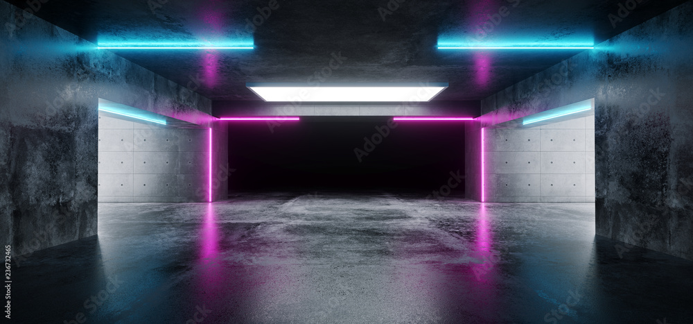 Sci-Fi Futuristic Modern Grunge Concrete Empty Underground Tunnel Corridor Garage With Reflections And Blue Purple Neon Glowing Tube Lights 3D Rendering