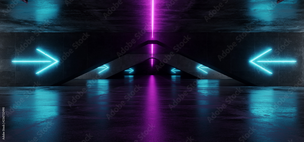 Empty Dark Grunge Concrete Old Sci Fi Modern Futuristic Underground Tunnel With Neon Arrow Blue And Purple Lights 3D Rendering