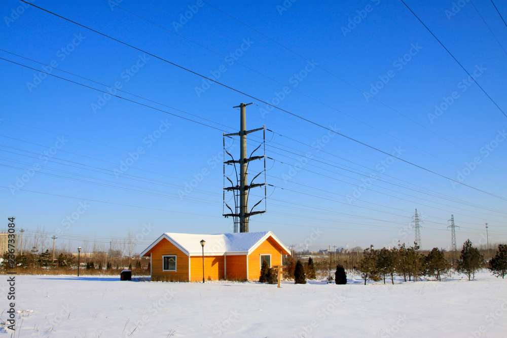 Cabin and electric steel rod in the snow